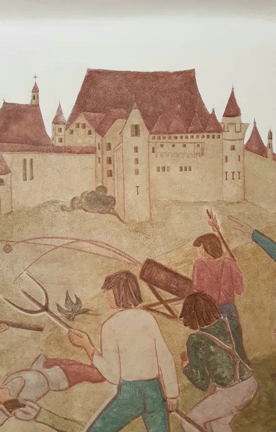 Mittelalterliche Burg mit Menschen, die landwirtschaftliche Werkzeuge in einer Protestszene halten